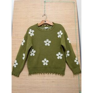 Hayden Girls Olive Green Daisy Floral Distressed Knit Sweater Large 12/14